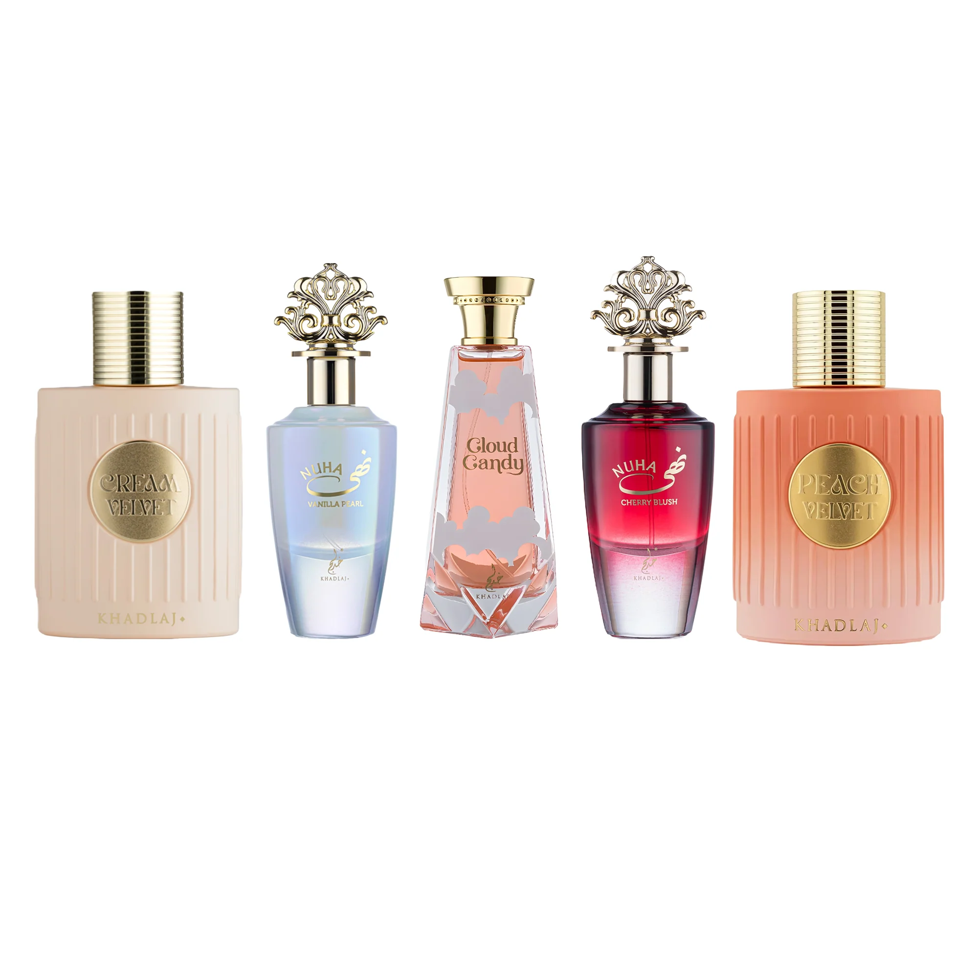 Khadlaj Ultimate 5 PC Cream Velvet, Cloud Candy, Nuha Vanilla Pearl, Nuha Cherry Blush & Peach Velvet Fragrance Bundle for Women
